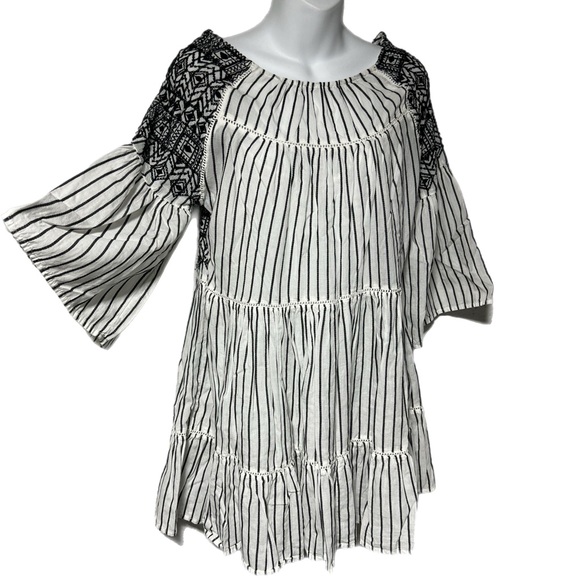 Free People Black White Striped Lola Embroidered Mini Dress XS Boho Oversized - Picture 3 of 12